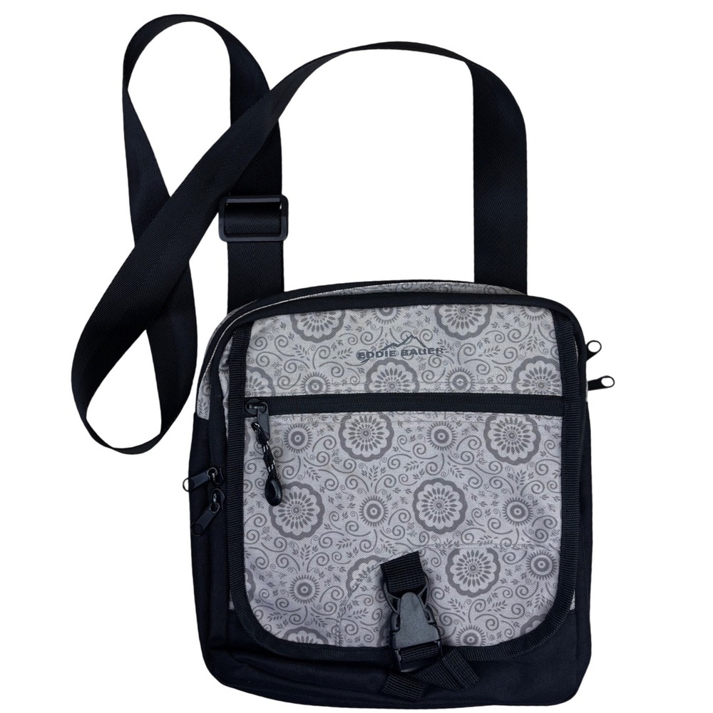Eddie Bauer Crossbody Bag Grey Black Floral Medallion Messenger Travel Purse